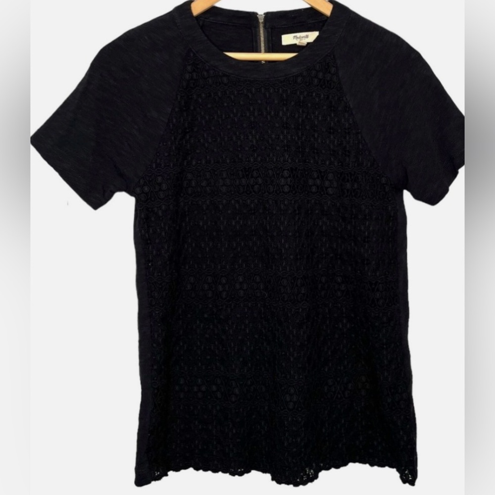 Madewell Crochet Lace Black Textured Short Sleeve Tee